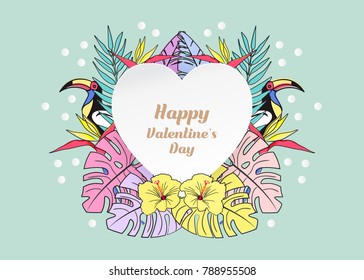 Heart frame banner with tropical leafs and birds for Valentine's day. Valentine's day vector design.