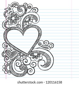 Heart Frame Border Back to School Sketchy Notebook Doodles- Vector Illustration Design on Lined Sketchbook Paper Background