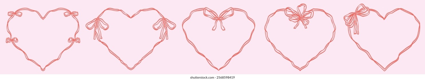 Heart frame with bow and ribbons. Hand Drawn red coquette borders for wedding invitations. Whimsical lace frames for birthday card design, valentine day holiday graphic decoration. Minimalist line art