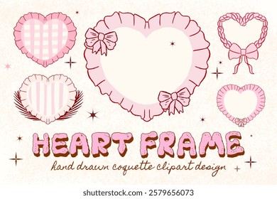 Heart frame with bow and ribbons. Hand Drawn red coquette borders for wedding invitations. Whimsical lace frames, Pink frame, ruffle heart border, girly clipart, Dolce vita, Valentine coquette, ribbon