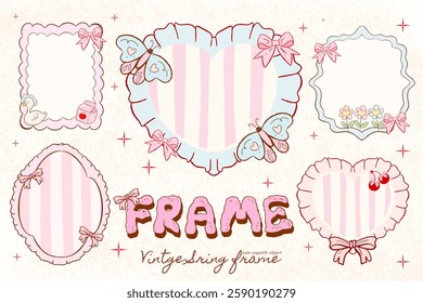 Heart frame with bow and ribbons. Hand Drawn red coquette borders for wedding invitations. Whimsical lace frames, Pink frame, ruffle heart border, girly clipart, Dolce vita, spring easter coquette