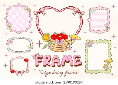 Heart frame with bow and ribbons. Hand Drawn red coquette borders for wedding invitations. Whimsical lace frames, Pink frame, ruffle heart border, girly clipart, Dolce vita, spring easter coquette