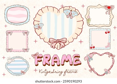 Heart frame with bow and ribbons. Hand Drawn red coquette borders for wedding invitations. Whimsical lace frames, Pink frame, ruffle heart border, girly clipart, Dolce vita, spring easter coquette