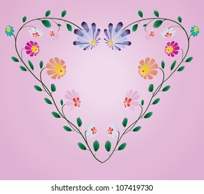 Heart frame from colorful flowers vector illustration on pink