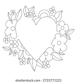 Dibujo para colorear de marco de corazón. Fondo con decoración floral vintage con corazón. Diseño de tatuaje monocromo. Ilustración vectorial en blanco y negro. Marco sin el texto.