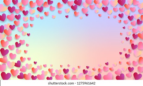 Heart Frame confetti floating Many Random Colorful on Gradient Backdrop.Vector Valentine's Day Background.