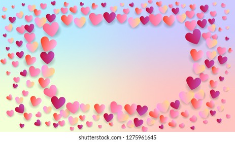 Heart Frame confetti floating Many Random Colorful on Gradient Backdrop.Vector Valentine's Day Background.