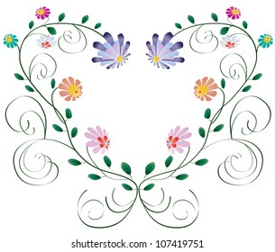 Heart frame from curls and colorful flowers isolated on white background