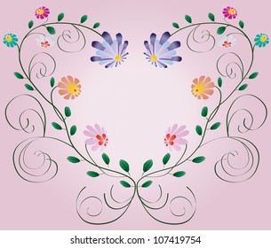 Heart frame from curls and colorful flowers isolated on pink background