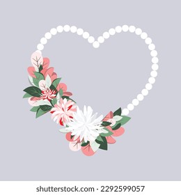 Heart frame decorated with flowers and pearl heart frame.Flat vector illustration.Floral heart frame design for card and invitation template for wedding or birthday anniversary