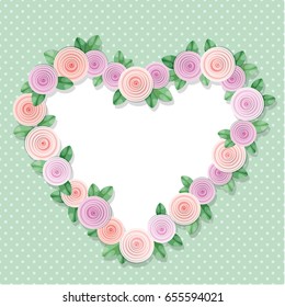 Heart frame decorated with roses on polka dots. With copy space for text or photo. Shabby chic design.
