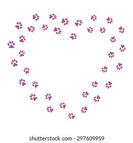 Heart frame with dog tracks isolated on white background. Vector illustration.