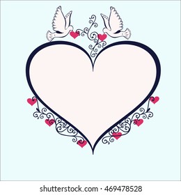 Heart frame with Doves and red hearts on scrolls.