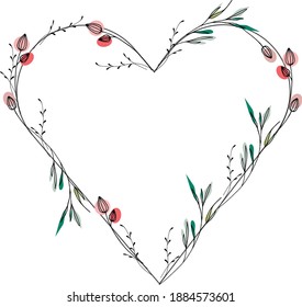  heart frame with flowers,  linear drawing. valentine's day card