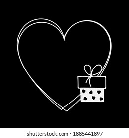 Heart frame with giftbox. Valentines or wedding Day template. Love greeting card. Black and White Doodle illustration. Blank space. Hearts border for text, photo, save date, logo.