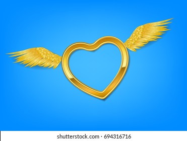 heart frame with gold wing on blue