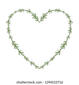 Heart frame of green doodle branches.Vector illustration for posters, stickers, print on t-shirts, mug print, decoration for greeting cards,planners and more