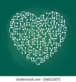 Heart frame with hand drawn letters and numbers set. Handwritten vector alphabet isolated on green chalkboard background. Trendy design element.