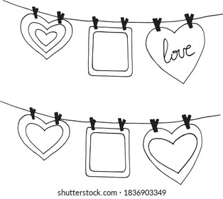heart and frame hang on clothespins on a thread sketch set hand drawn doodle. template poster, card, decor, vector, monochrome, minimalism, love, valentine day.
