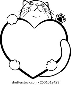 Heart frame hugs cat with paws. Funny illustration with kitten, outline, line art