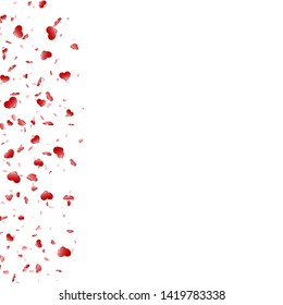 Heart frame isolated white background. Red hearts fall confetti border. Abstract heart-shape design love card, wedding romantic poster. Pattern greeting, Valentine day decoration Vector illustration