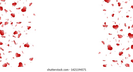 Heart frame isolated white background. Red hearts fall confetti border. Abstract heart-shape design love card, wedding romantic poster. Pattern greeting, Valentine day decoration Vector illustration