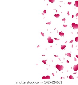 Heart frame isolated white background. Red hearts fall confetti border. Abstract heart-shape design love card, wedding romantic poster. Pattern greeting, Valentine day decoration Vector illustration