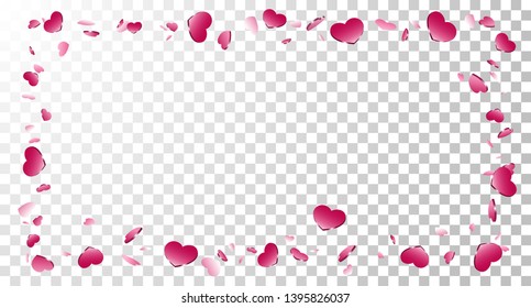 Heart frame isolated white transparent background. Pink hearts fall confetti border. Abstract heart design love card, wedding romantic greeting poster. Valentine day decoration Vector illustration