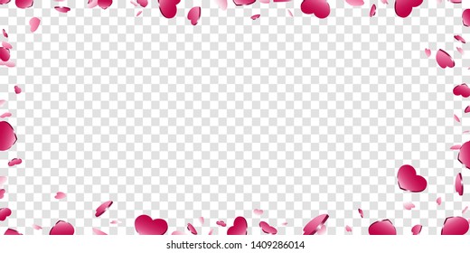 Heart frame isolated white transparent background. Pink hearts fall confetti border. Abstract heart design love card, wedding romantic greeting poster. Valentine day decoration Vector illustration