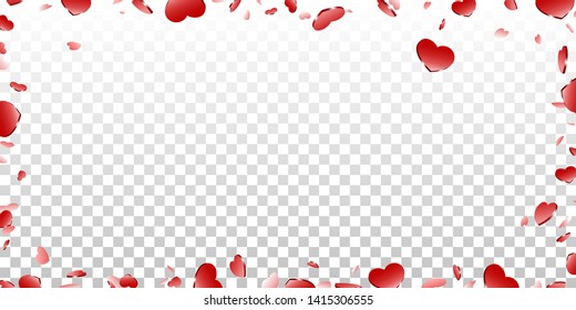 Heart frame isolated white transparent background. Red hearts fall confetti border. Abstract heart design love card, wedding romantic greeting poster. Valentine day decoration Vector illustration