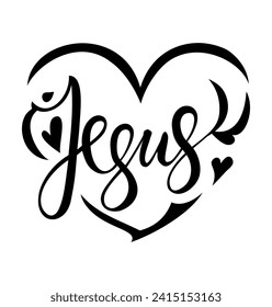 Heart frame with Jesus lettering calligraphy design.Love symbol.God name.Silhouette line art drawing.Christian text cricut cut.Bible.T shirt print.Plotter laser cutting.Vinyl wall sticker decal