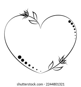 Heart frame in linear style with dots and flowers. Design for tattoo, card, logo, wedding invitation
