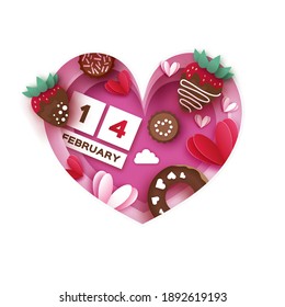 Heart frame. Love Strawberry and Chocolate, Donut. Valentines Day Greeting Card. Hearts paper cut style. Sweet dessert, choco candy. Happy Romantic holidays. Space for text. February 14. Pink.