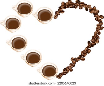 Heart frame made of coffee cups and coffee beans