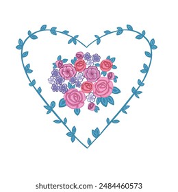Heart frame made of colored pink roses bouquets and grass. vector illustration
