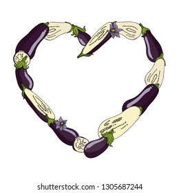 Heart frame made of eggplants , eggplant slices and flowers. Template with fresh vegetables on white background for your design