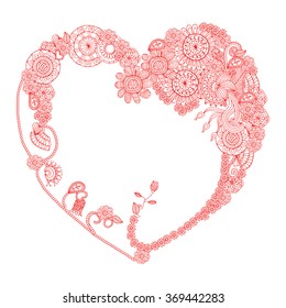 Heart frame made of ornamented floral design. Heart Valentine's Day Doodles Floral Paisley Design Vector Illustration 