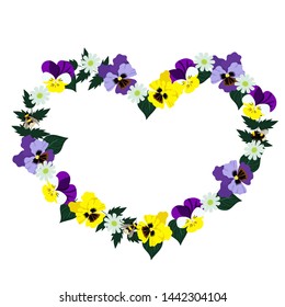 Heart frame made of pansies. Isolated on white background. Vector graphics.