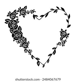 Heart frame made of silhouettes of rose flowers. Sketch vector illustration