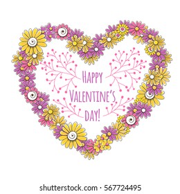 Heart frame made of various doodle flowers and Valentines day lettering.