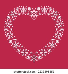 Heart frame made of white snowflakes on viva magenta background. Decorative element for Christmas and New Year design. Vector illustration