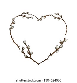 Heart frame made of willow branches. Template with willow branches on white background for your design