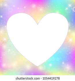 Heart frame magic border with rainbow mesh. Girlish universe banner in princess colors. Fantasy gradient photo frame with hologram. Holographic magic copy space with fairy sparkles, stars and blurs.
