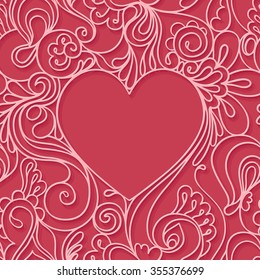 Heart frame on  red background. Lace seamless pattern. Valentines day card. 