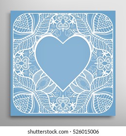 Heart frame, openwork filigree template for Wedding, Bridal, Valentine's day, greeting cards or Birthday Invitations. Decorative lace pattern. Abstract cutout heart panel border for laser cutting.