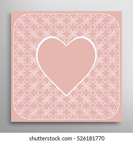 Heart frame, openwork filigree template for Wedding, Bridal, Valentine's day, greeting cards or Birthday Invitations. Decorative lace pattern. Abstract cutout heart panel border for laser cutting.