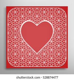 Heart frame, openwork filigree template for Wedding, Bridal, Valentine's day, greeting cards or Birthday Invitations. Decorative lace pattern. Abstract cutout heart panel border for laser cutting.