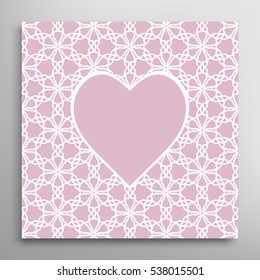 Heart frame, openwork filigree template for Wedding, Bridal, Valentine's day, greeting cards or Birthday Invitations. Decorative lace pattern. Abstract cutout heart panel border for laser cutting.