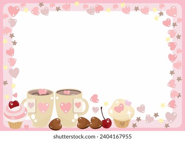 Heart frame with pair of cups, chocolate hearts, cakes, cherry. Valentine's Day frame design, vector illustration. Sentimental design, Love theme, Romantic atmosphere