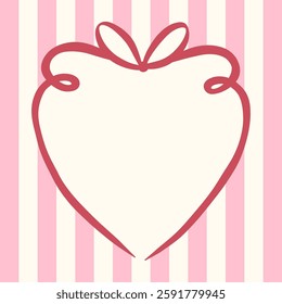 Heart frame with red bow, ribbon and pink striped background. Coquette aesthetic hand drawn girlhood design templates for Valentines day, wedding, social media, poster, cover, postcard